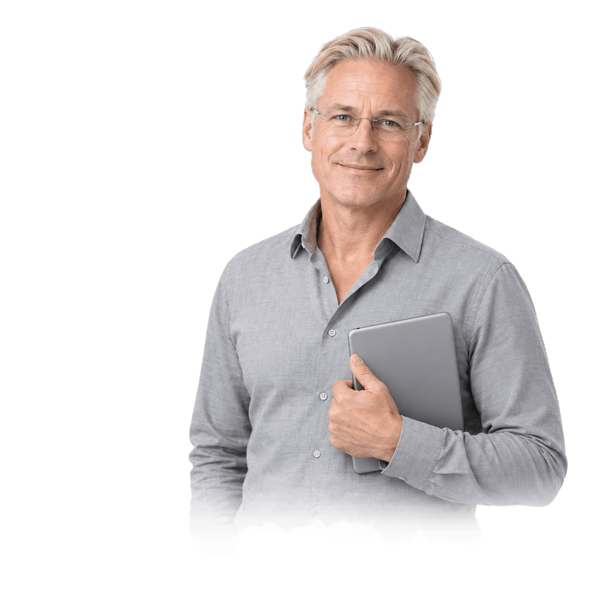 A man in a grey shirt holding a tablet
