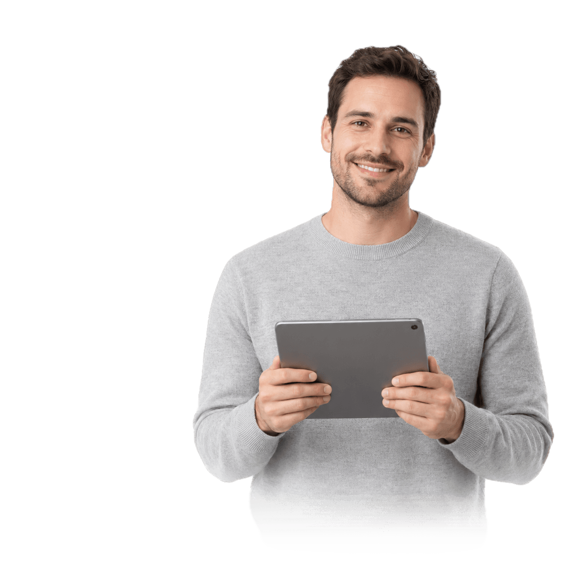 Person in a light grey sweater holding a tablet