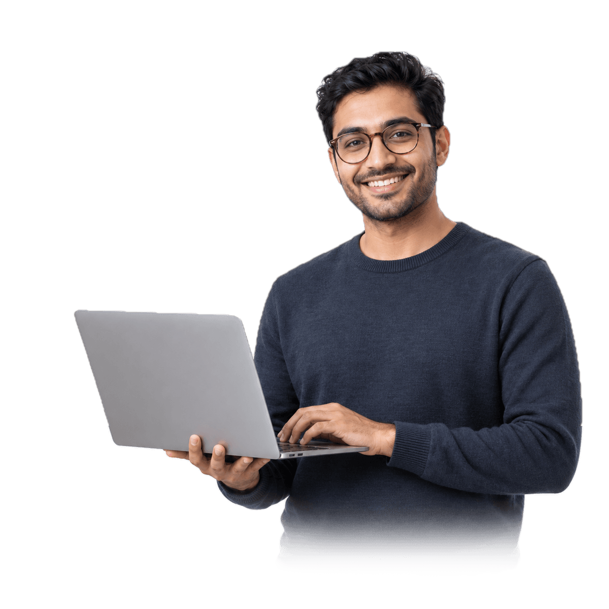 A man with glasses in a navy shirt holding a laptop