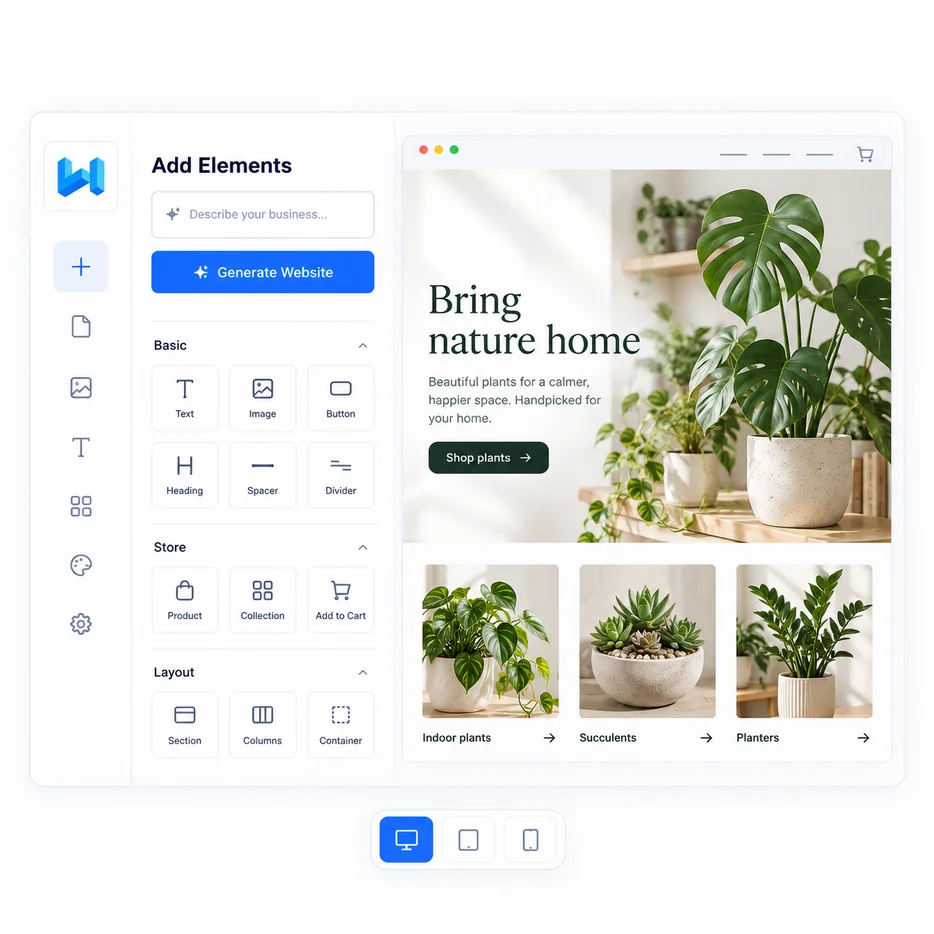 Website builder with an element sidebar and a plant shop page being edited