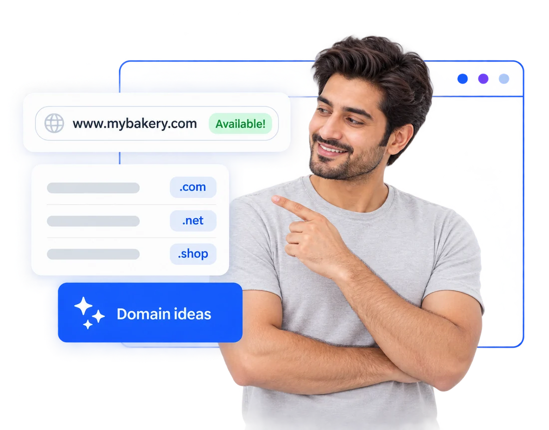 Person next to a list of domain ideas with .com, .net and .shop endings