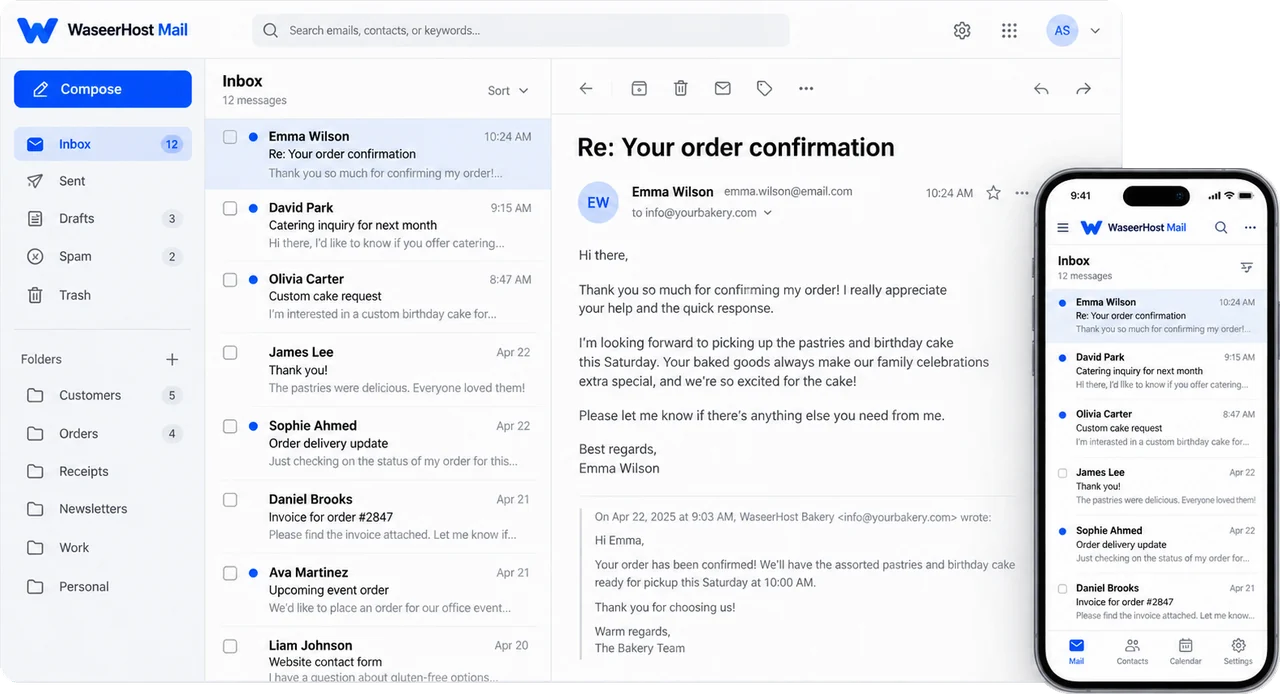 WaseerHost webmail on a desktop browser and a phone