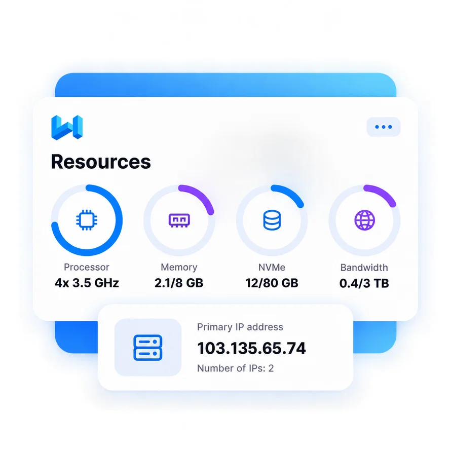 VPS resource card showing processor, memory, NVMe storage, bandwidth and the primary IP address