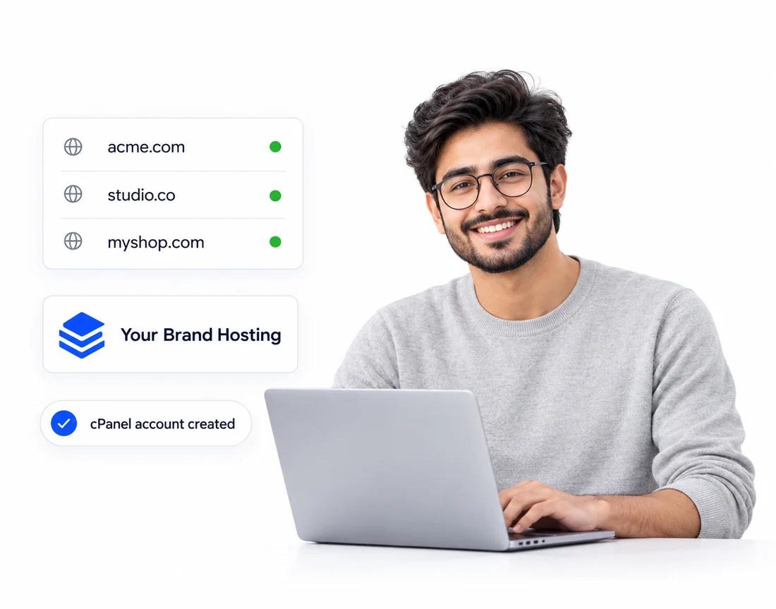Web designer managing white-labeled client hosting accounts on a laptop