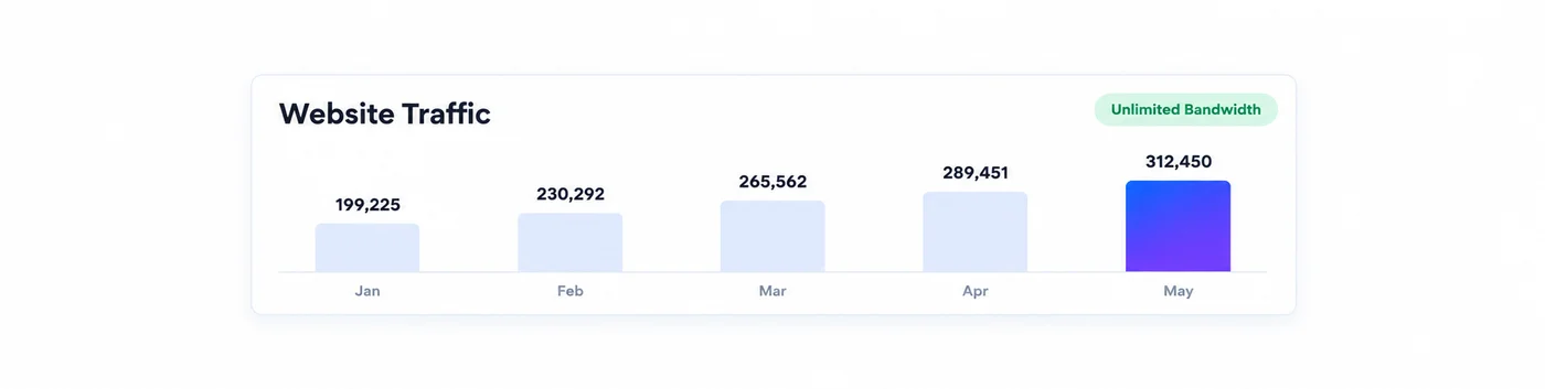 Website traffic bar chart for five months with unlimited bandwidth