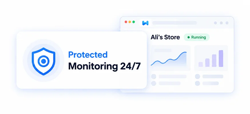 Server dashboard with a shield badge for 24/7 protection and monitoring