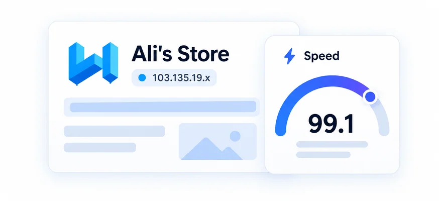 Store site on its own IP address next to a speed gauge reading 99.1