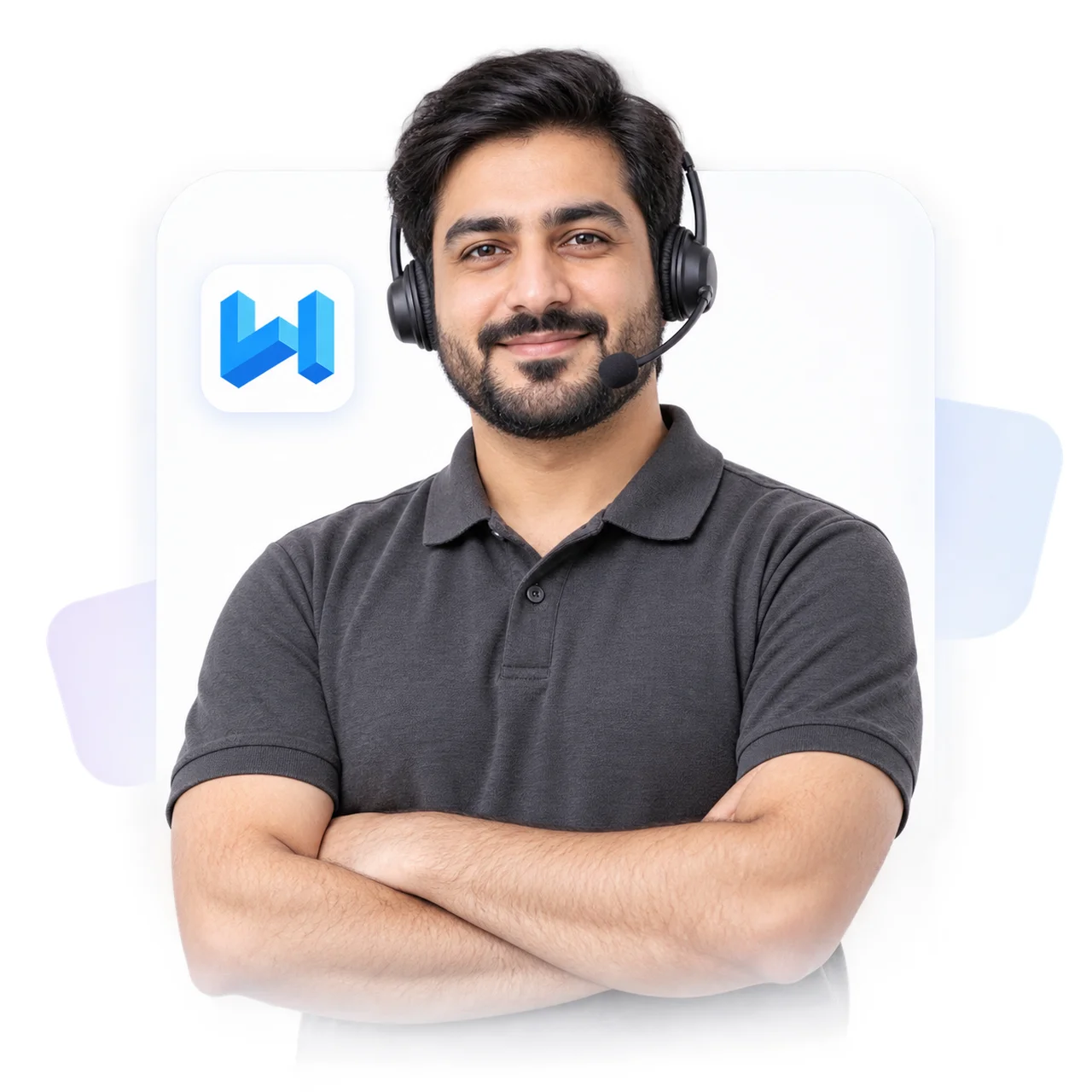 Support engineer with a headset, ready to answer questions about your site