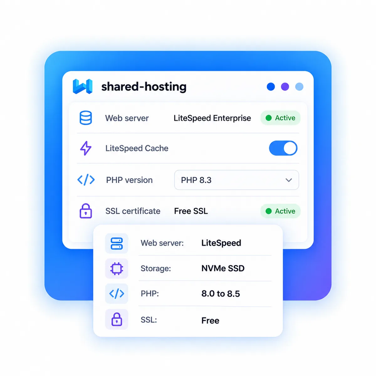 Shared hosting settings window showing LiteSpeed Enterprise active, LiteSpeed Cache on, PHP 8.3 selected and free SSL active, with a card listing LiteSpeed, NVMe SSD, PHP 8.0 to 8.5 and free SSL
