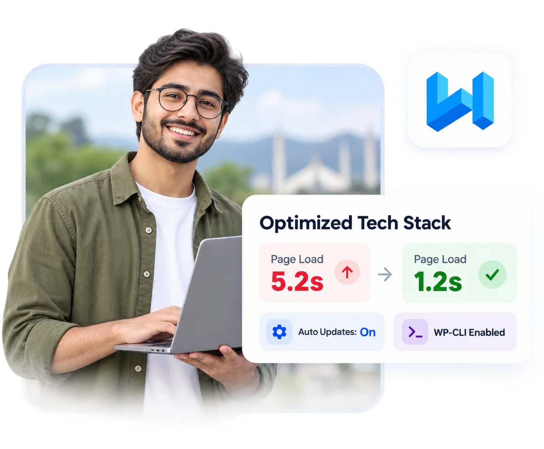 Person with a laptop beside an Optimized Tech Stack card showing page load falling from 5.2s to 1.2s
