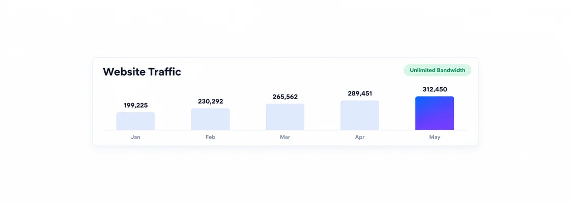 Website traffic bar chart for five months, with no per-gigabyte fees