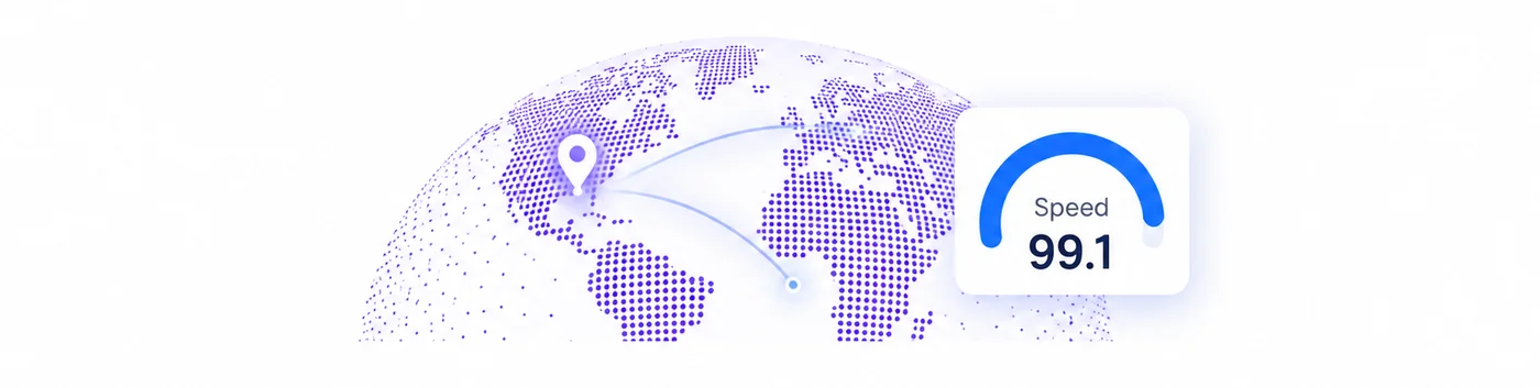 World map with a speed gauge reading 99.1