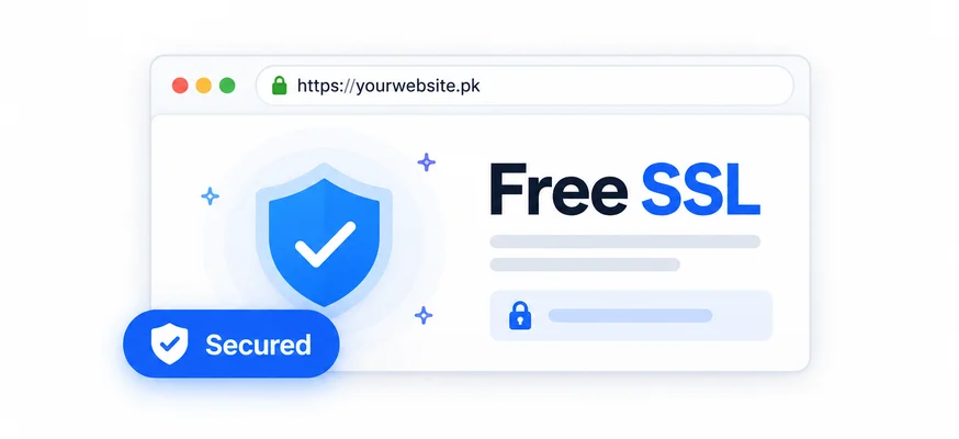 Browser address bar with a padlock and a Free SSL shield marked Secured