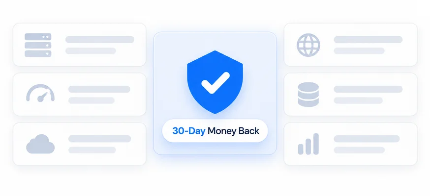 Shield badge marked 30-Day Money Back among hosting feature tiles