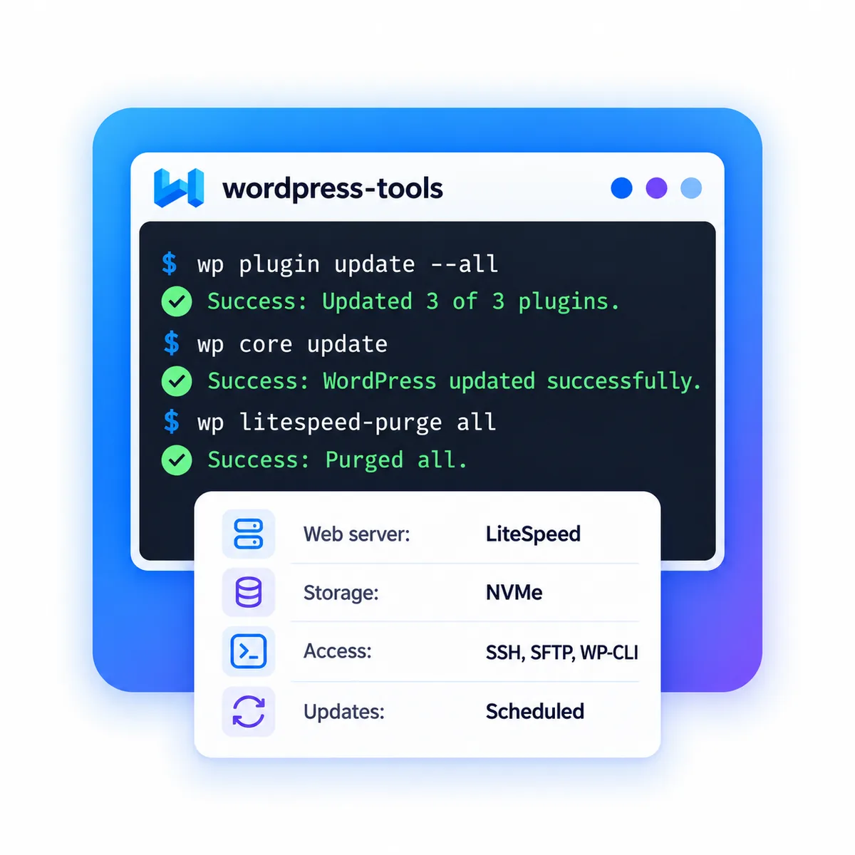 Terminal running wp plugin update, wp core update and a LiteSpeed cache purge, beside a card listing LiteSpeed web server, NVMe storage, SSH, SFTP and WP-CLI access and scheduled updates